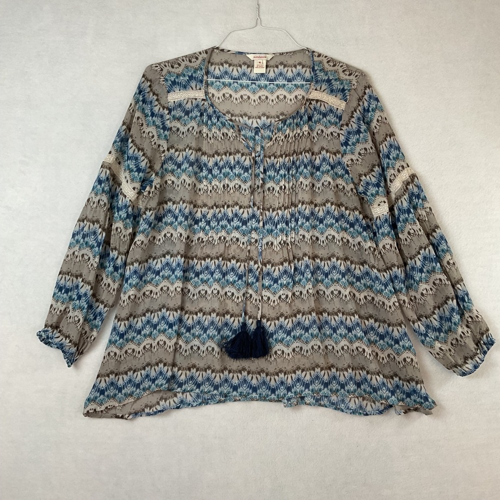 Sundance Womens XL Blue Silk Pintuck Tassel Peasant Blouse Lace Trim